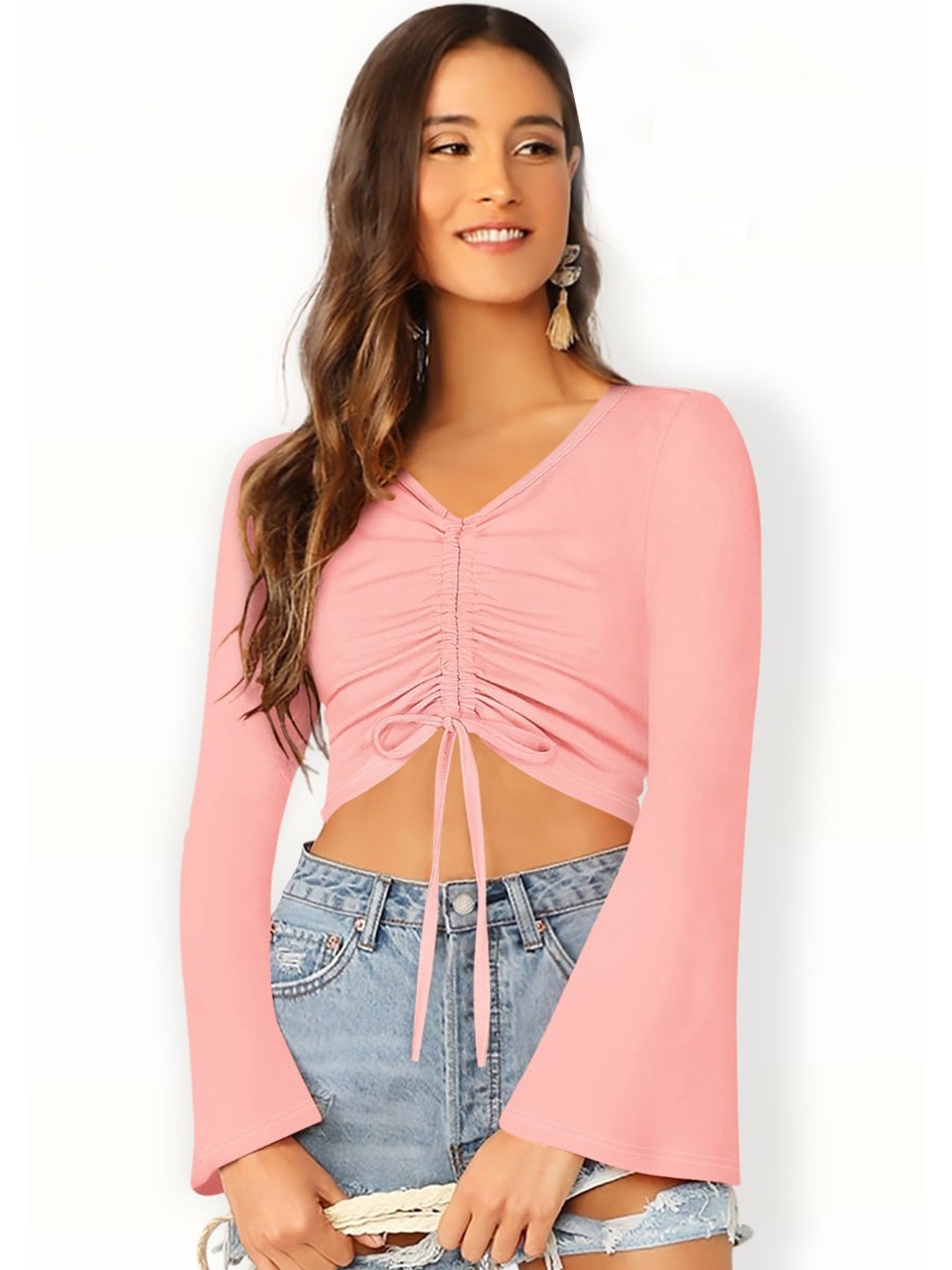 

BAESD V-Neck Bell Sleeve Ruched Fitted Crop Top, Peach