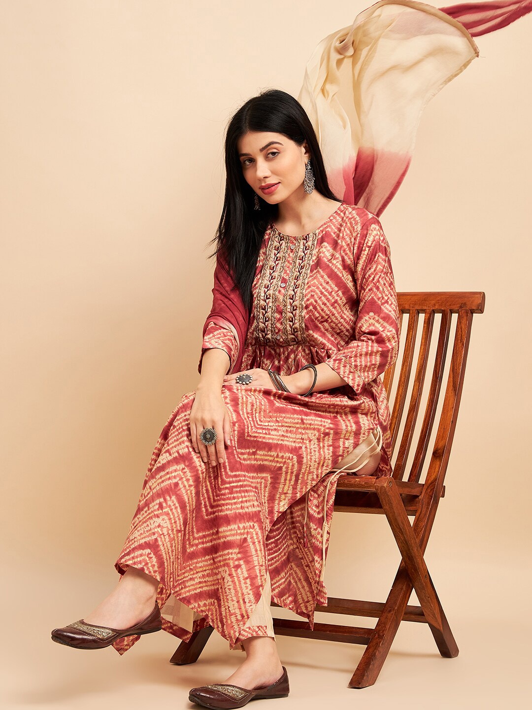 

Sangria Ethnic Motifs Printed Mirror Work A Line Kurta With Trouser & Dupatta, Red