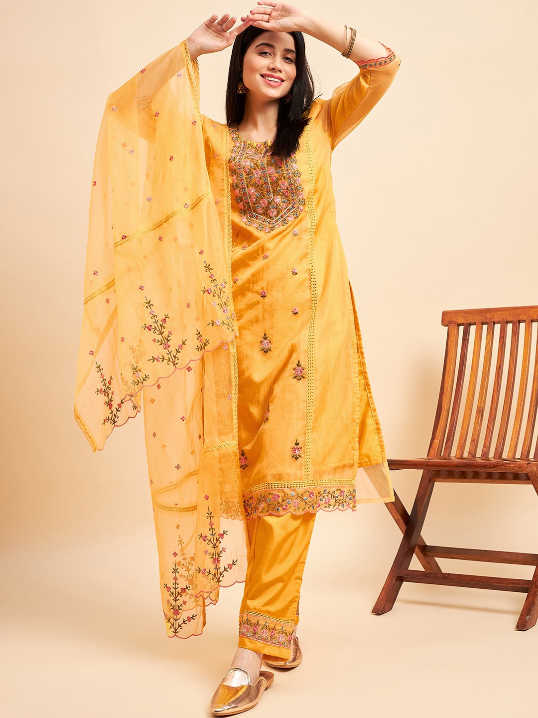 

Sangria Yellow Floral Embroidered Straight Kurta & Trouser With Dupatta