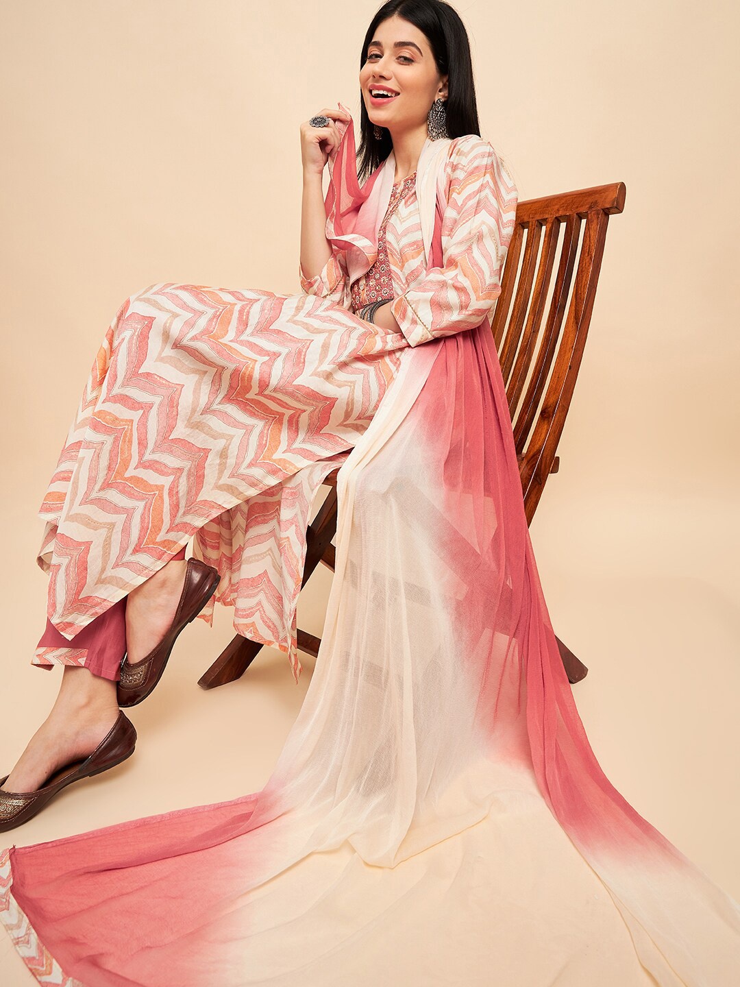 

Sangria Chinon Silk Chevron Printed Straight Kurta with Trouser & Dupatta, Red