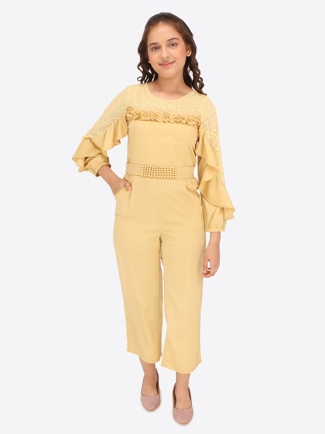 

CUTECUMBER Girls Self Design Ruffles Embellished Basic Jumpsuit, Yellow