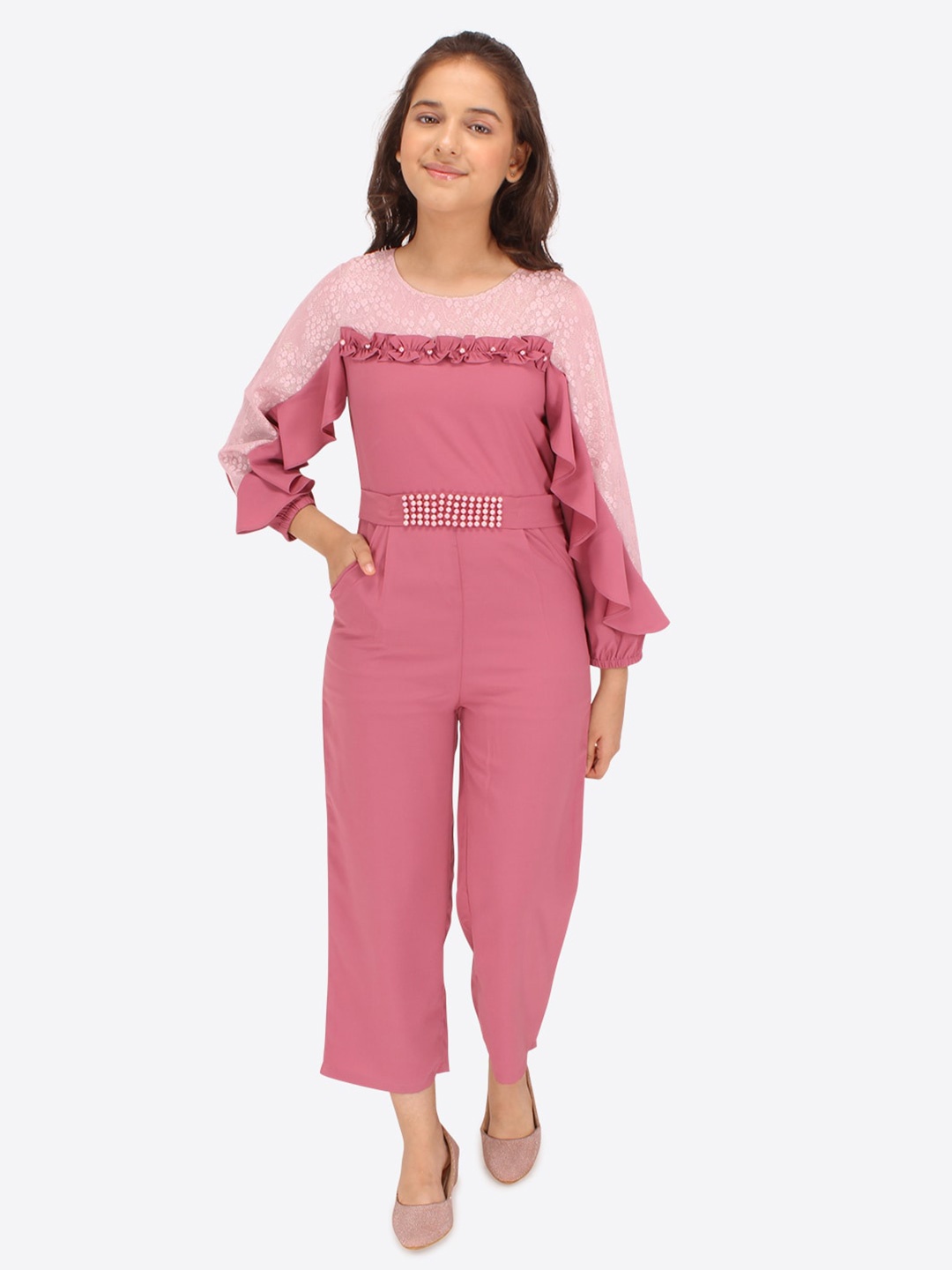 

CUTECUMBER Girls Self Design Ruffles Embellished Basic Jumpsuit, Pink