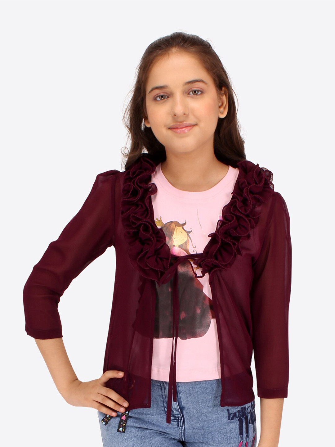 

CUTECUMBER Girls Floral Printed Ruffles Regular Top With Jacket, Maroon