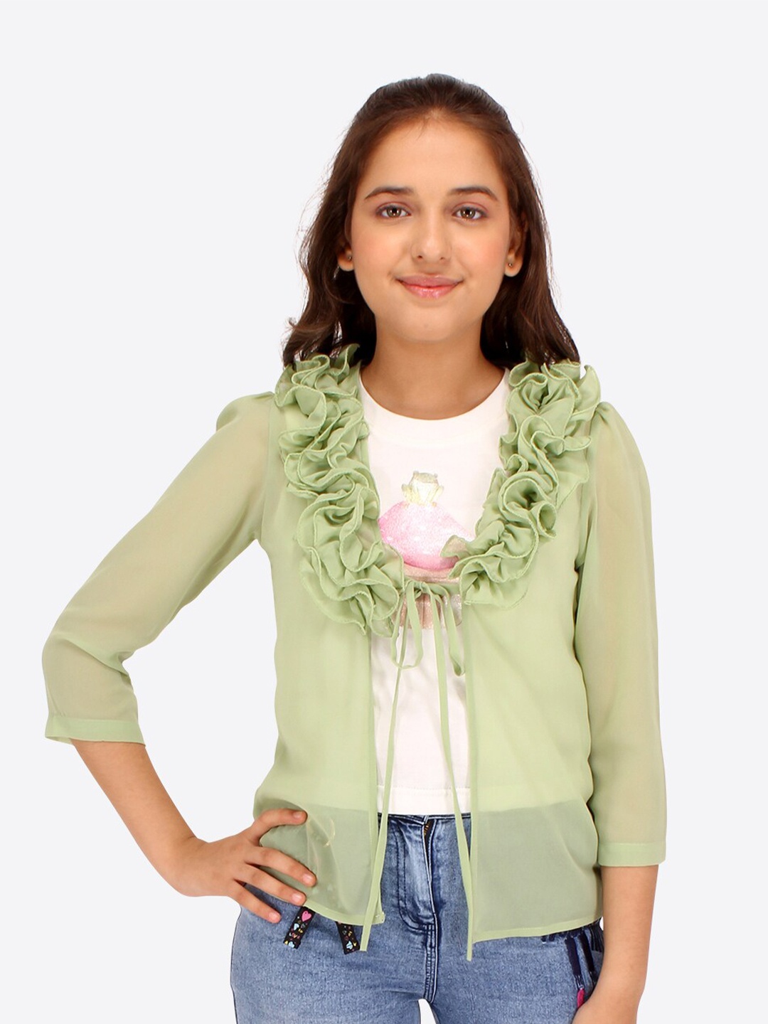 

CUTECUMBER Girls Floral Printed Ruffles Regular Top With Jacket, Green