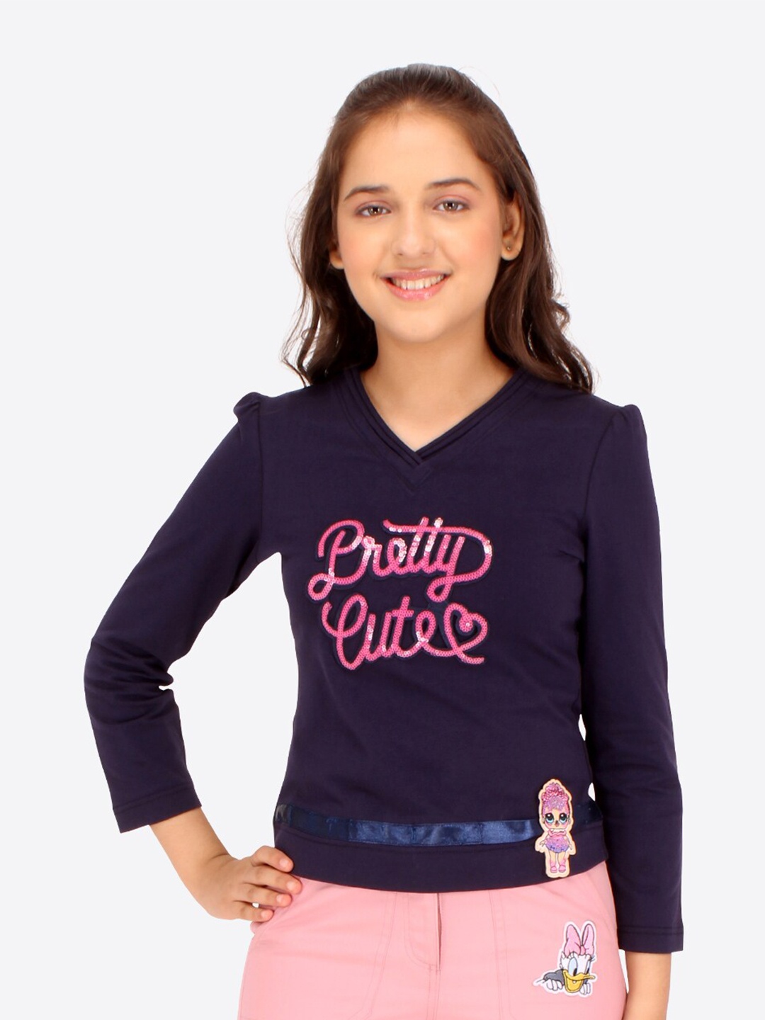 

CUTECUMBER Girls Typography Printed Puff Sleeves Regular Top, Navy blue