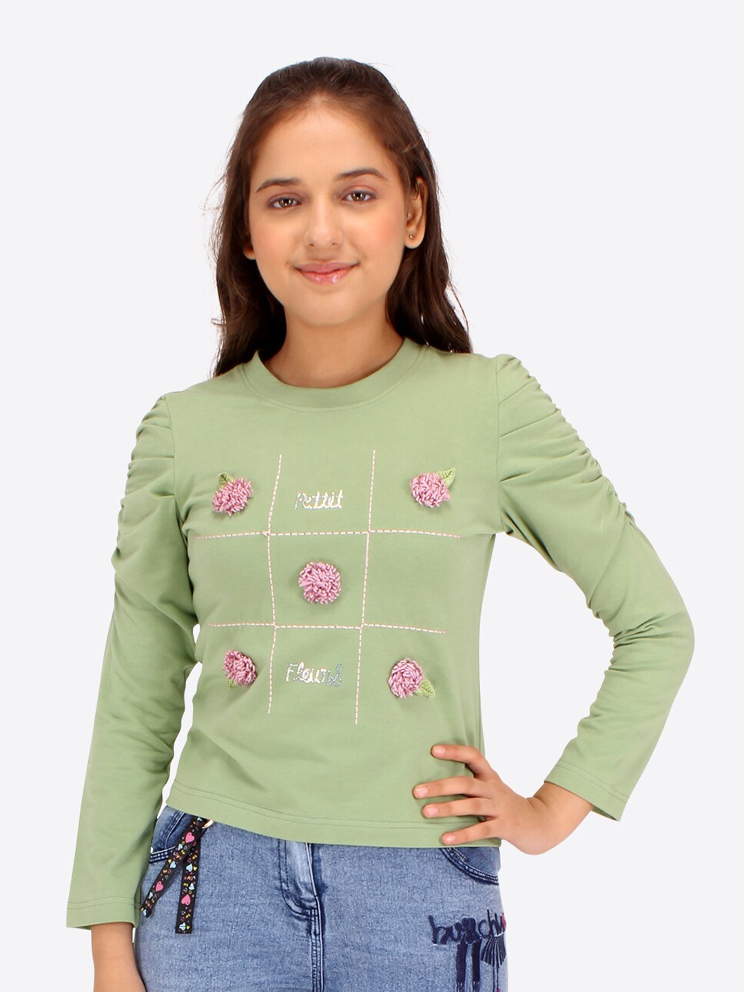 

CUTECUMBER Girls Embellished Puff Sleeves Top, Green