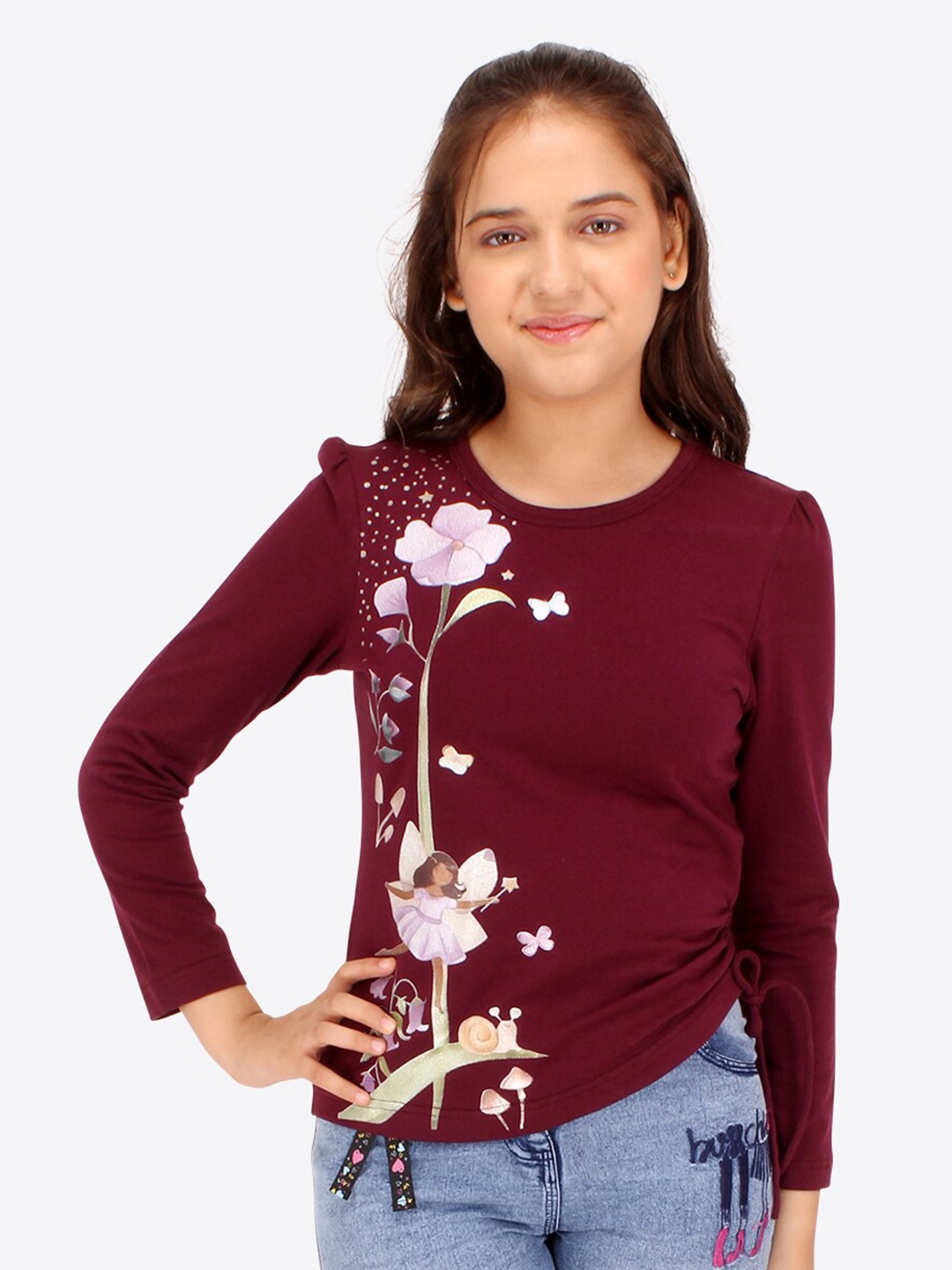 

CUTECUMBER Girls Floral Printed Round Neck Tie-Ups Regular Top, Maroon