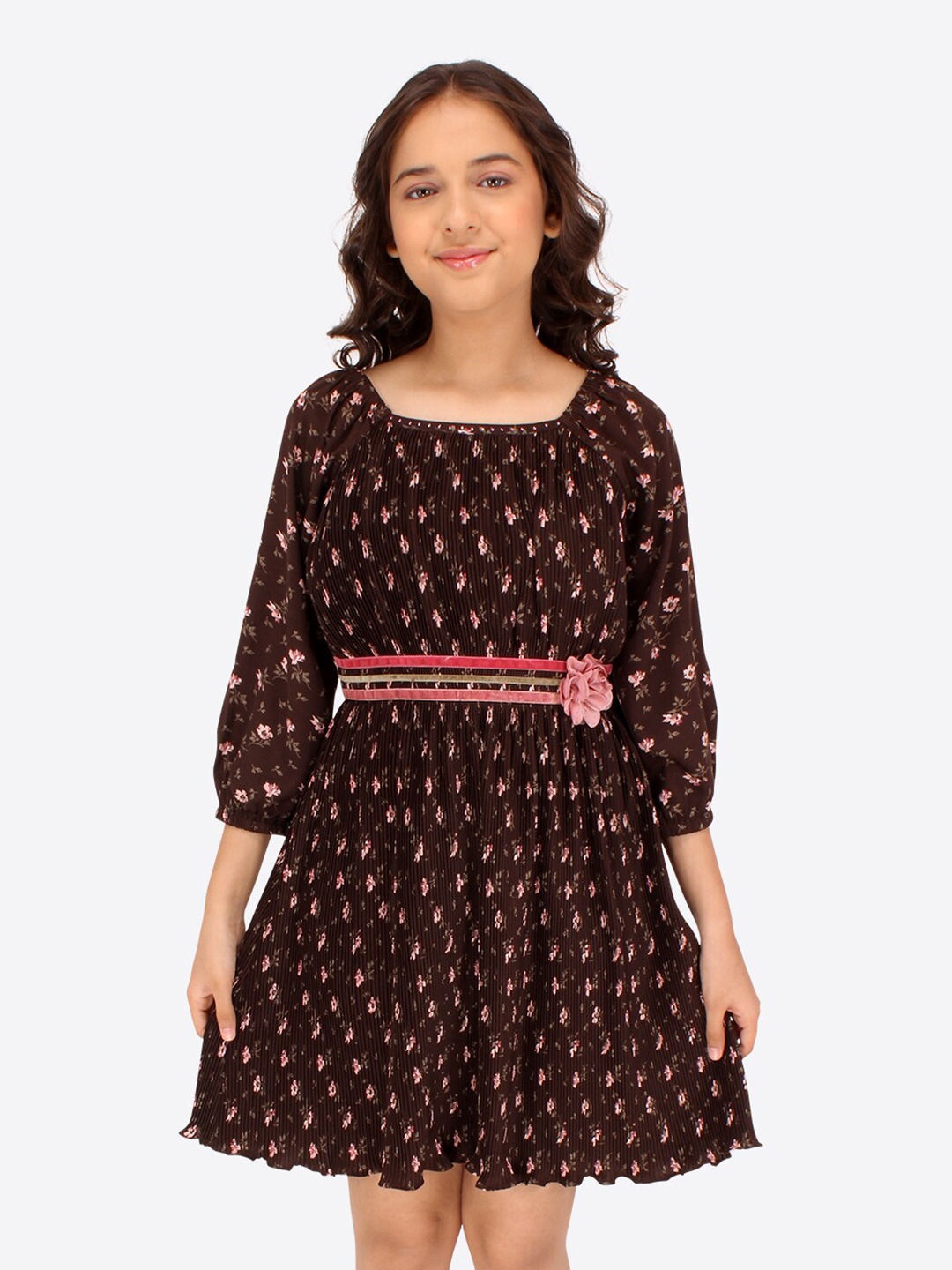 CUTECUMBER Girls Floral Print Applique Georgette Fit & Flare Dress, Brown
