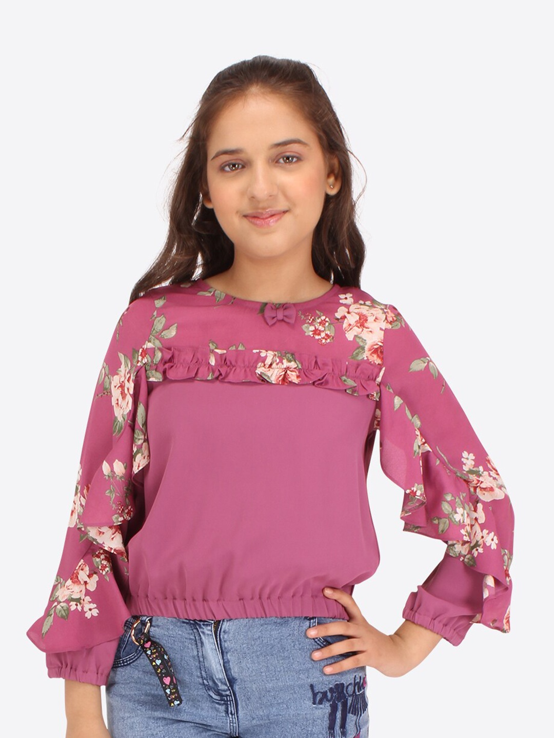 

CUTECUMBER Girls Floral Printed Round Neck Ruffles Blouson Top, Pink