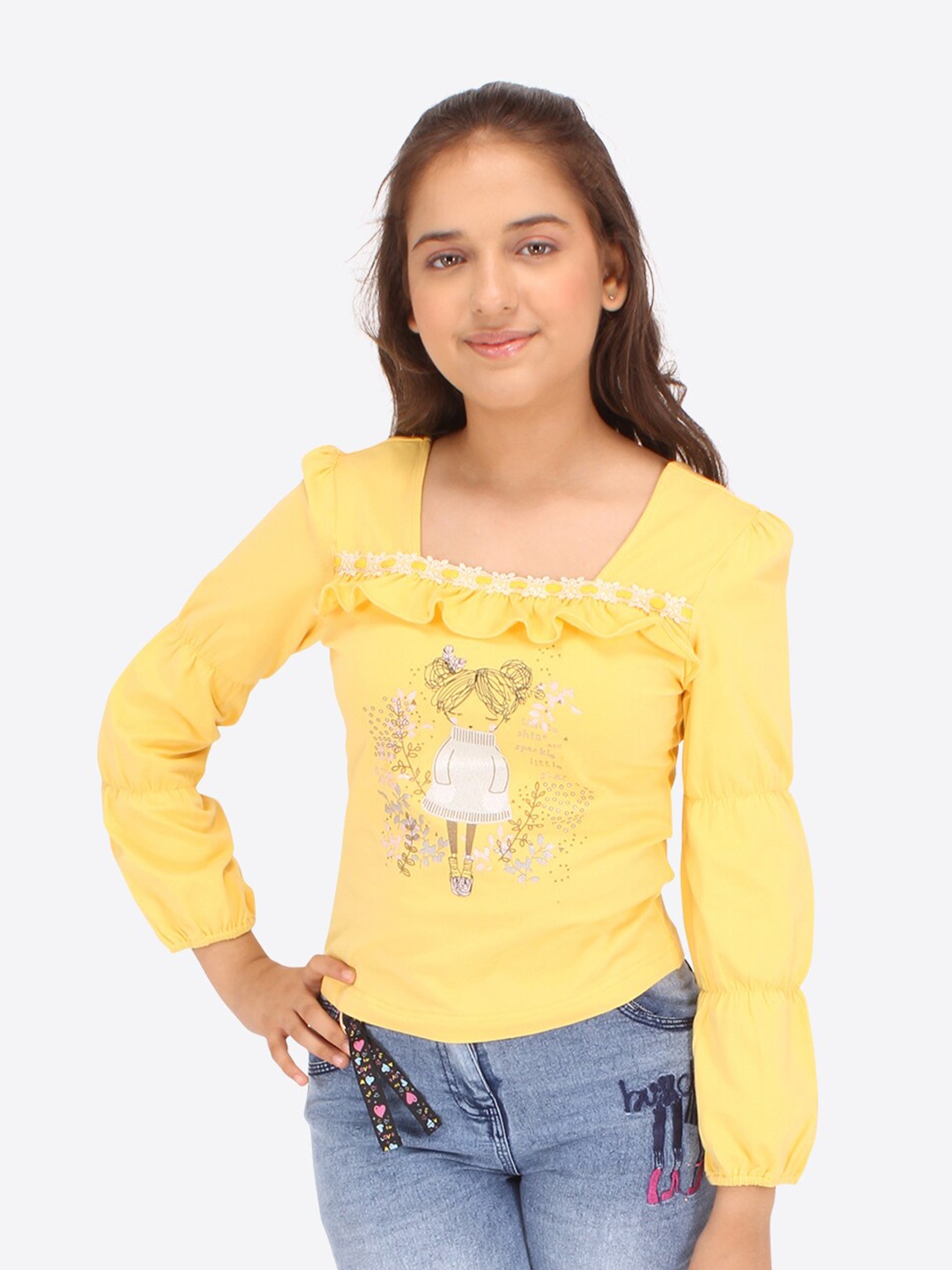 

CUTECUMBER Girls Graphic Printed Ruffles Regular Top, Yellow