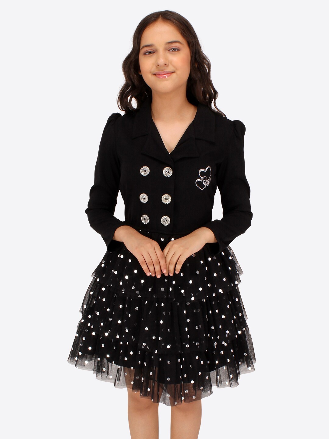 

CUTECUMBER Girls Polka Dot Printed Notched Lapel Collar Fit & Flare Dress, Black