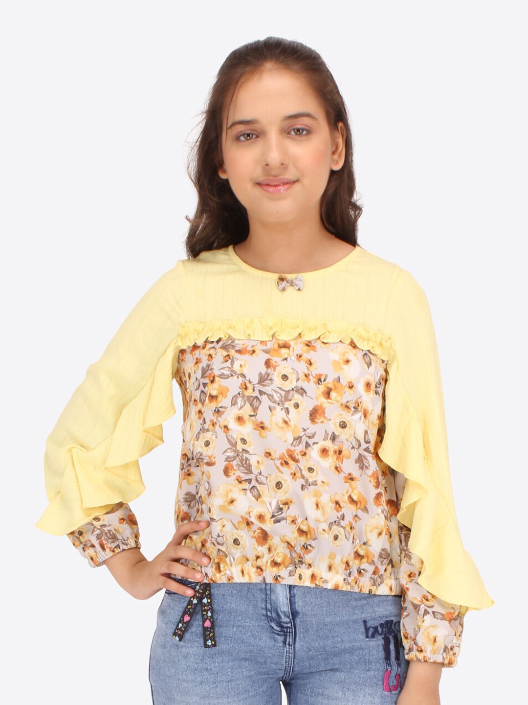 

CUTECUMBER Girls Floral Printed Flared Sleeves Ruffles Regular Top, Yellow