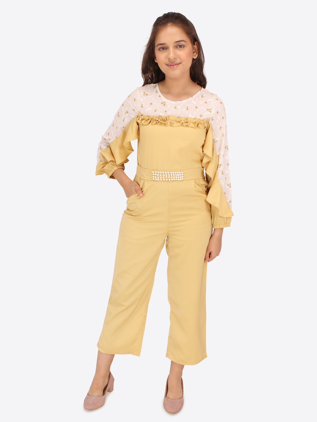 

CUTECUMBER Girls Self Design Ruffles Embellished Basic Jumpsuit, Yellow