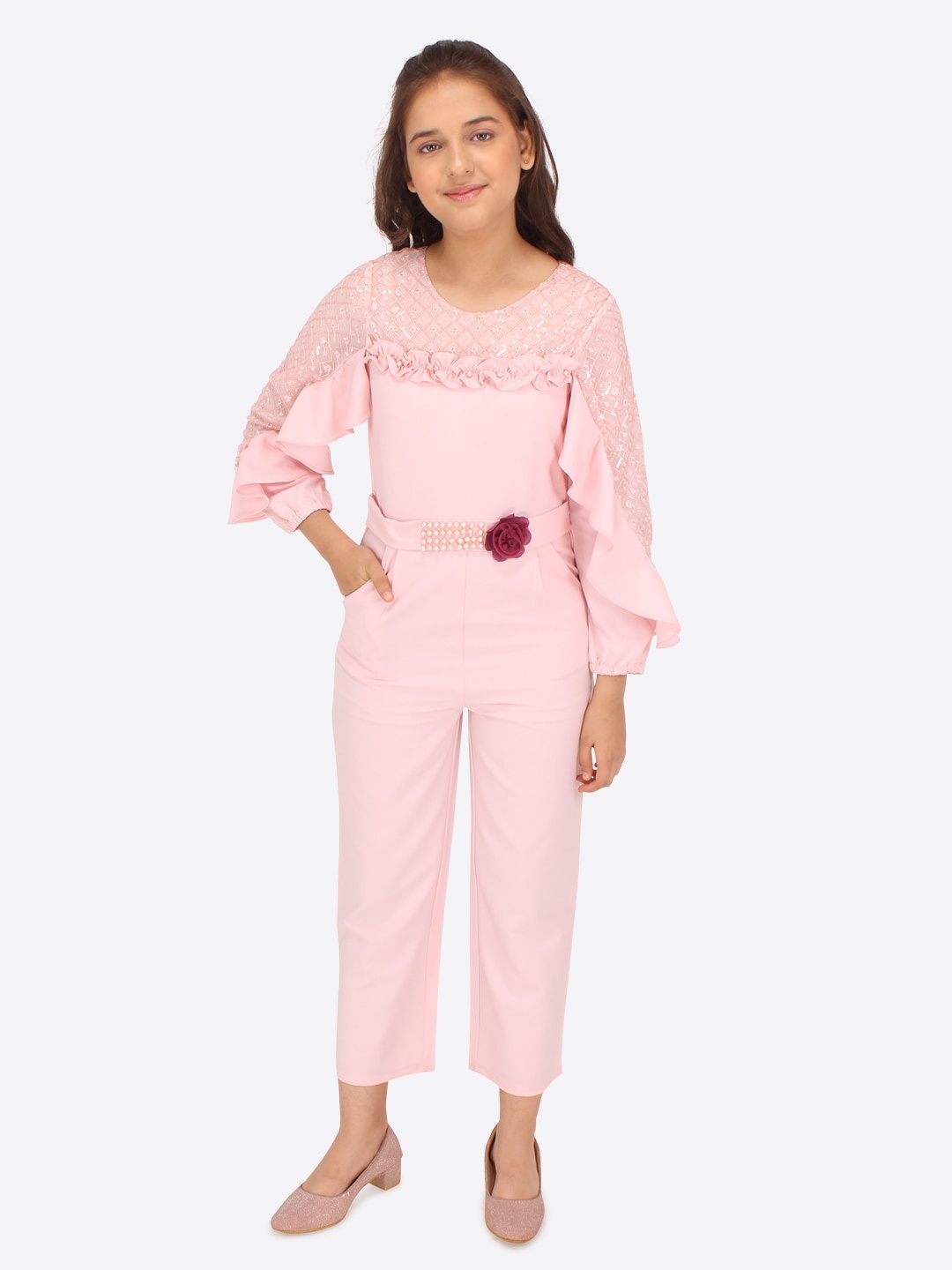 

CUTECUMBER Girls Self Design Ruffles Embellished Basic Jumpsuit, Peach