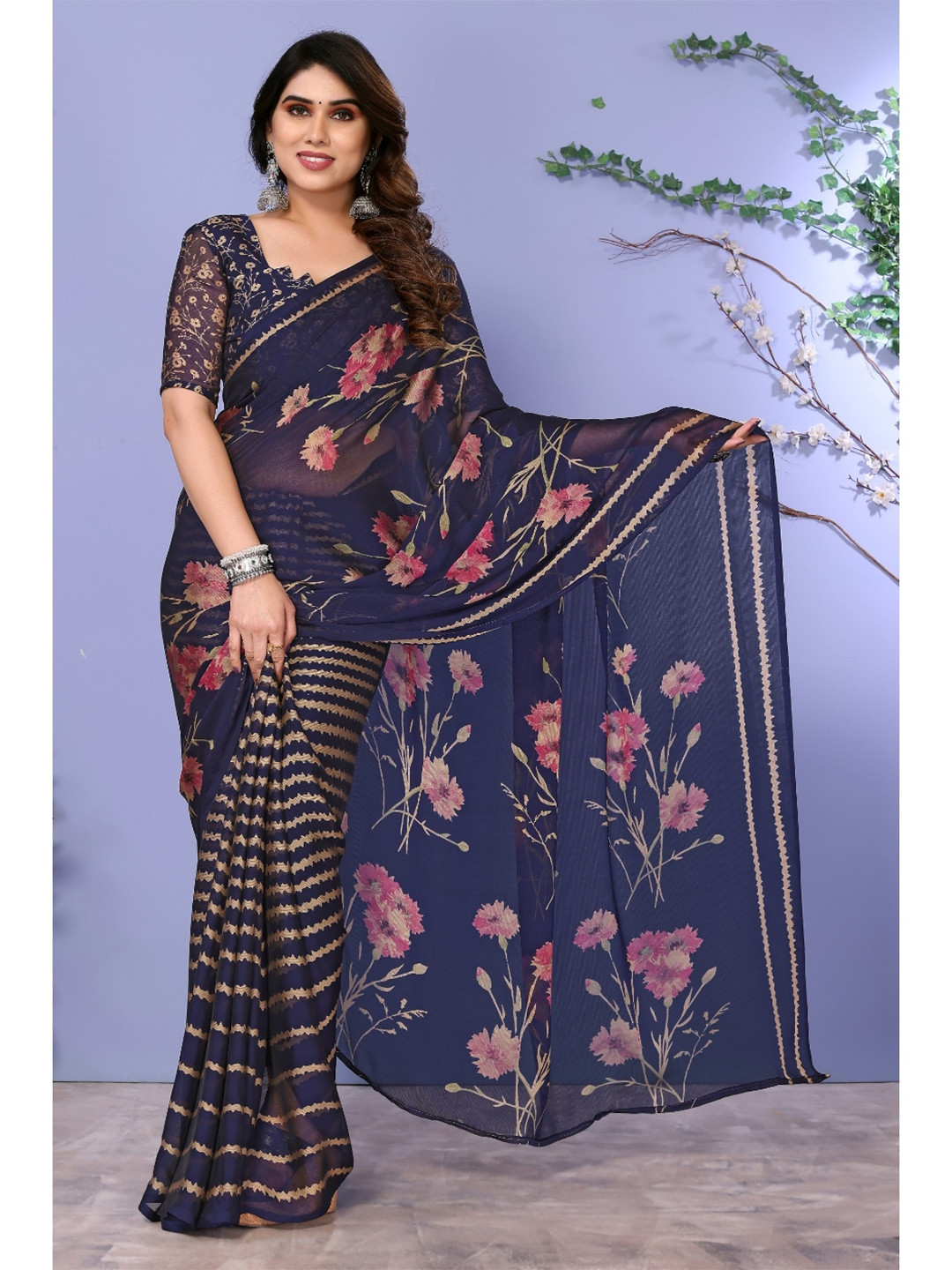 

FABMORA Floral Printed Poly Chiffon Saree, Navy blue