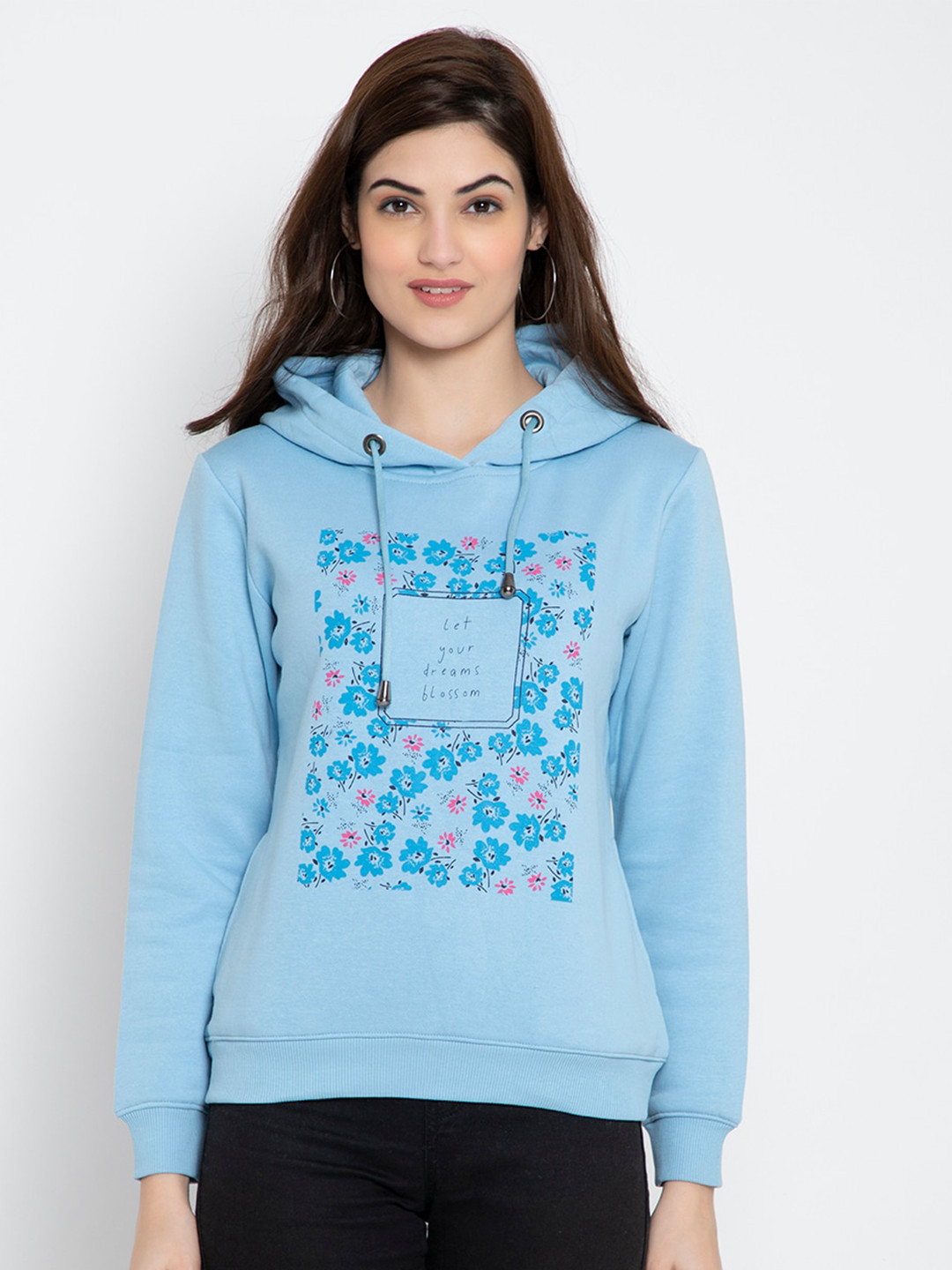 

FLOSBERRY Floral Printed Long Sleeves Fleece Hood Pullover Sweatshirt, Blue