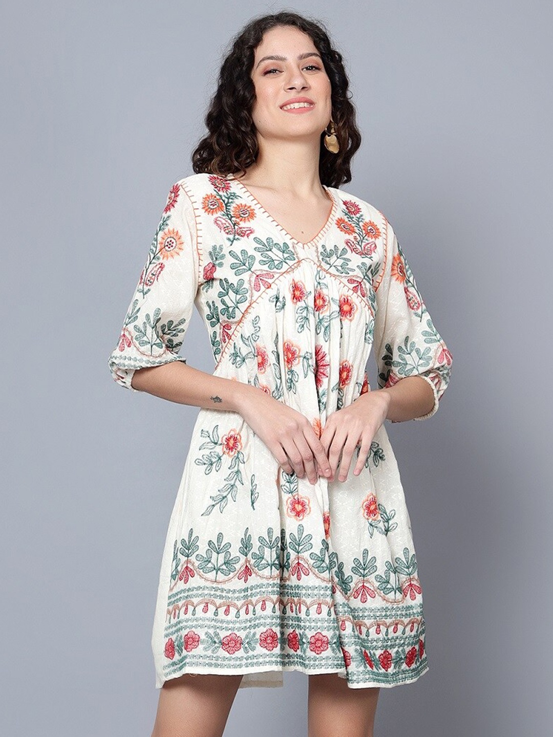 

Bani Women Floral Print Puff Sleeve Empire Pure Cotton Dress, Cream