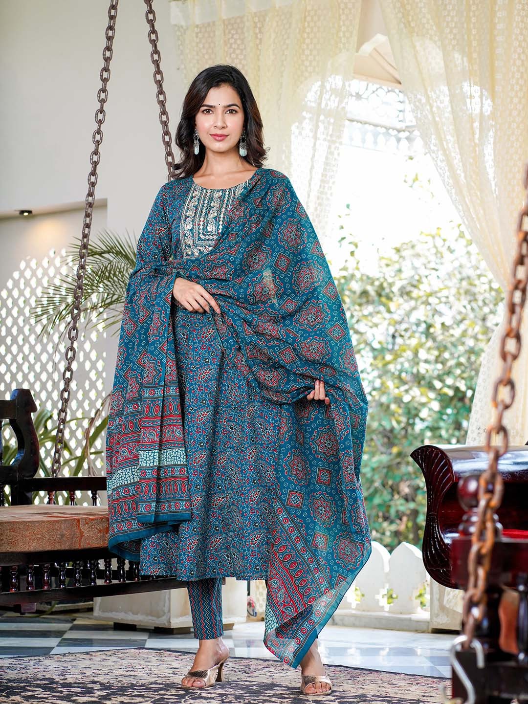 

Yufta Floral Printed Thread Work Pure Cotton Anarkali Kurta With Trousers & Dupatta, Teal