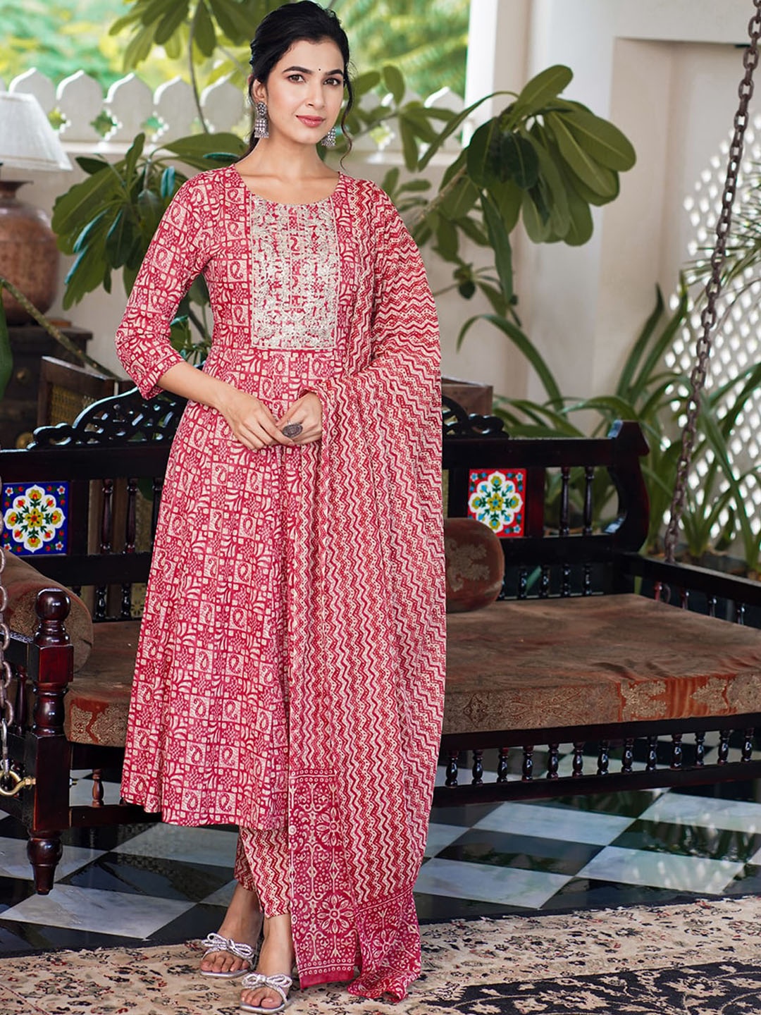 

Yufta Ethnic Motifs Printed Thread Work Pure Cotton Kurta With Trousers & Dupatta, Red