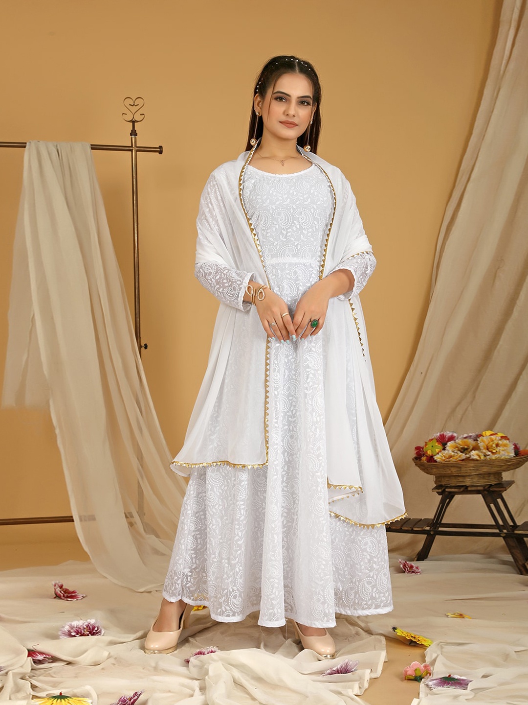 

KALINI Ethnic Motif Embroidered Thread Work Maxi Fit and Flare Ethnic Dress With Dupatta, White