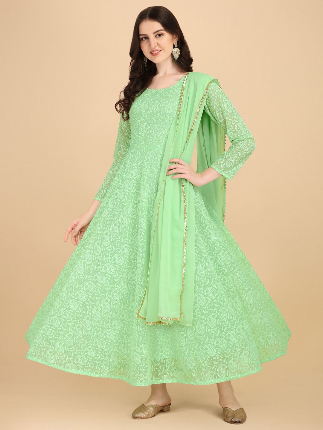 

KALINI Ethnic motif Embroidered A-Line Ethnic Dress With Dupatta, Green