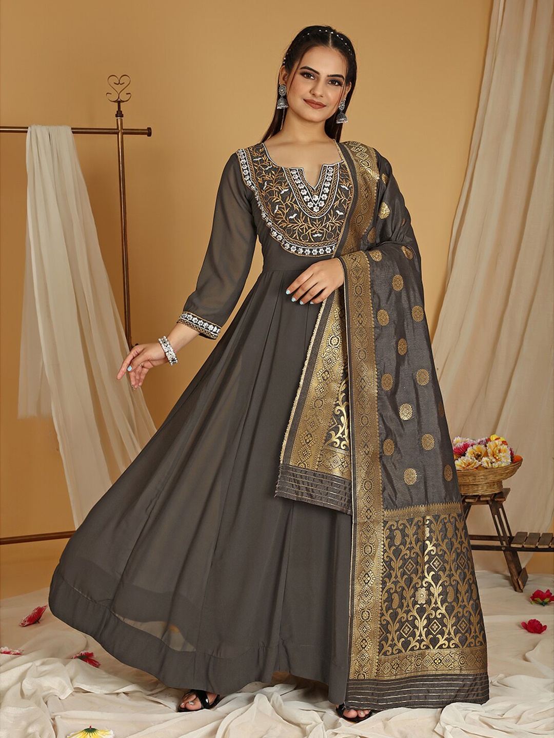 

KALINI Round Neck Embroidered A-Line Dress With Dupatta, Grey