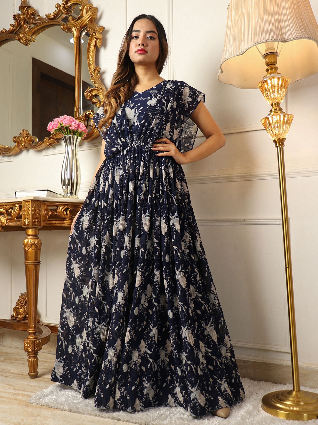

KALINI Floral Printed Extended Sleeve Gathered Maxi Dress, Blue