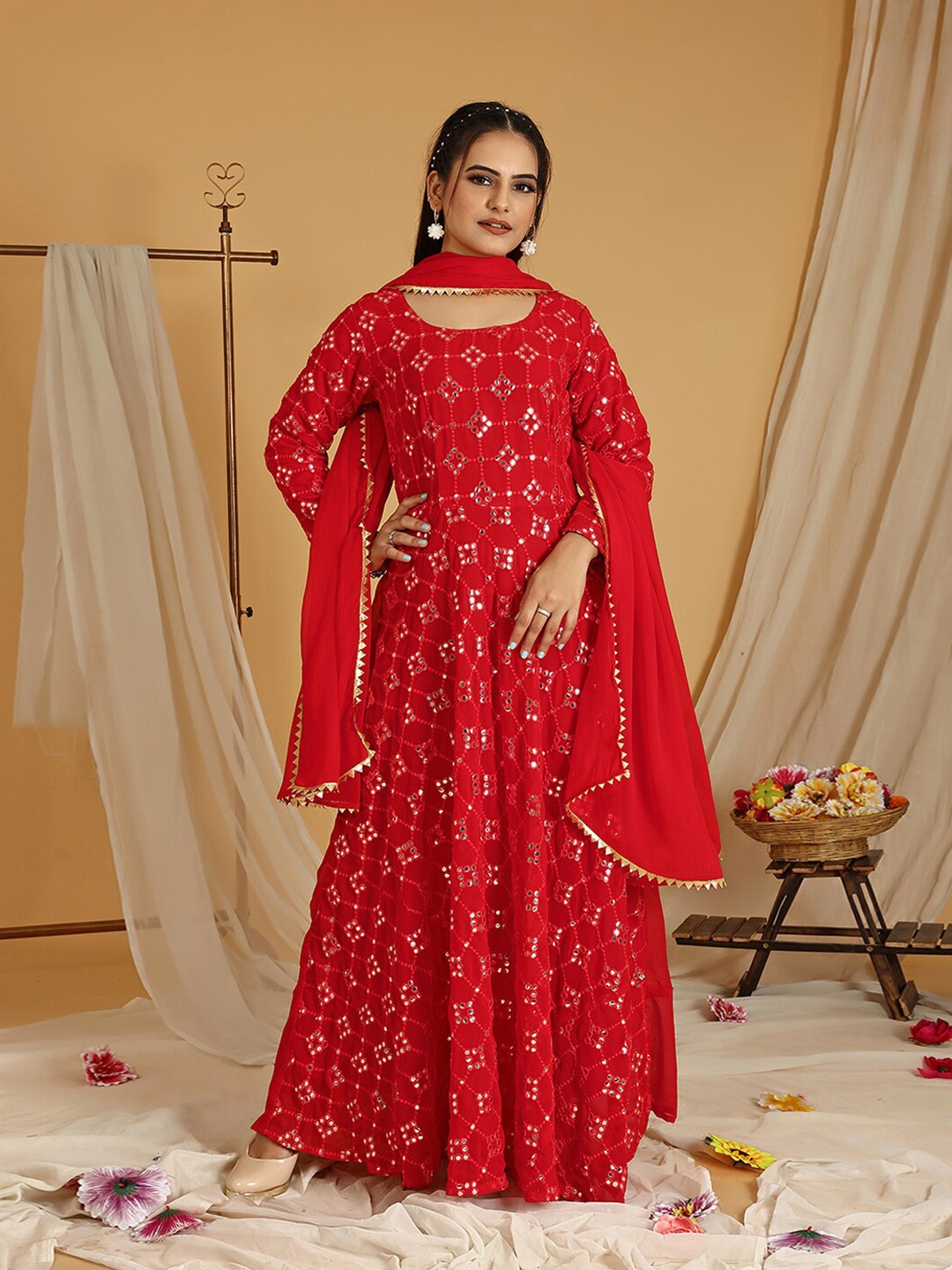 

KALINI Geometric Embellished Sequinned A-Line Dress With Dupatta, Red