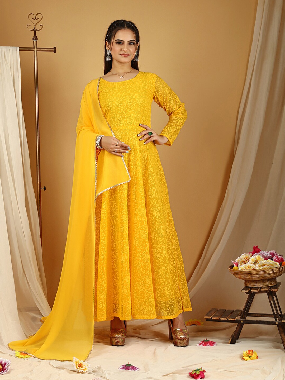 

KALINI Ethnic Motif Embroidered Fit & Flare Midi Ethnic Dress With Dupatta, Yellow