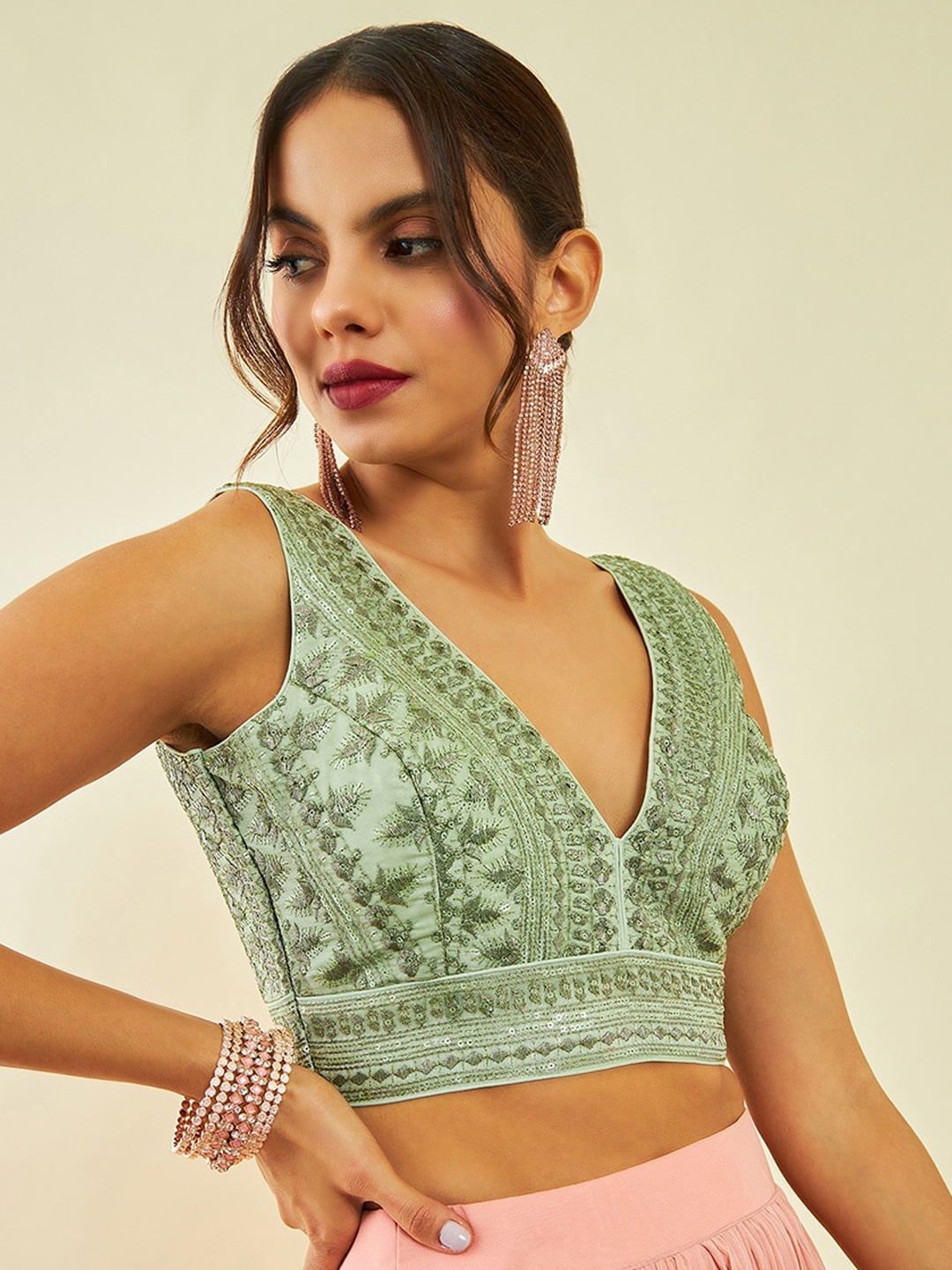 

Soch Embellished V-Neck Sleeveless Saree Blouse, Green