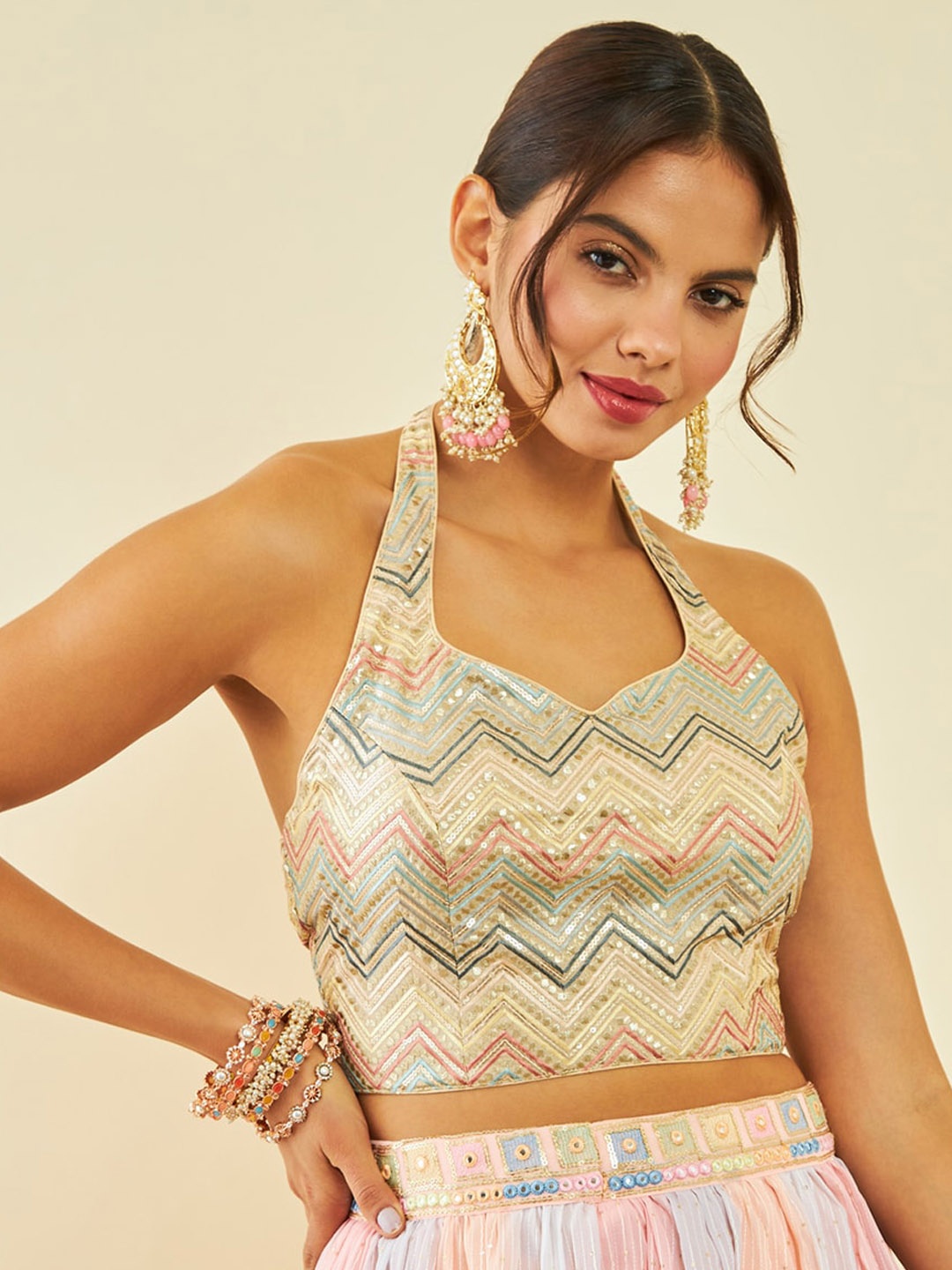 

Soch Embellished Sequined Halter Neck Saree Blouse, Beige