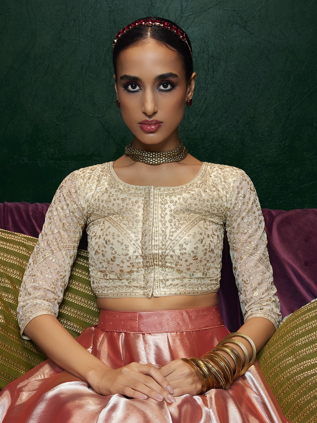 

Soch Embroidered Sequined Net Saree Blouse, Gold