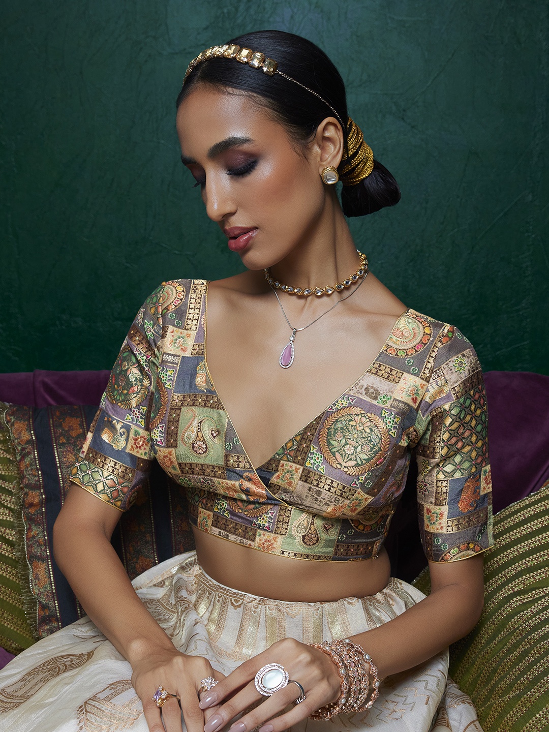 

Soch Woven Design V-Neck Zari Silk Saree Blouse, Grey