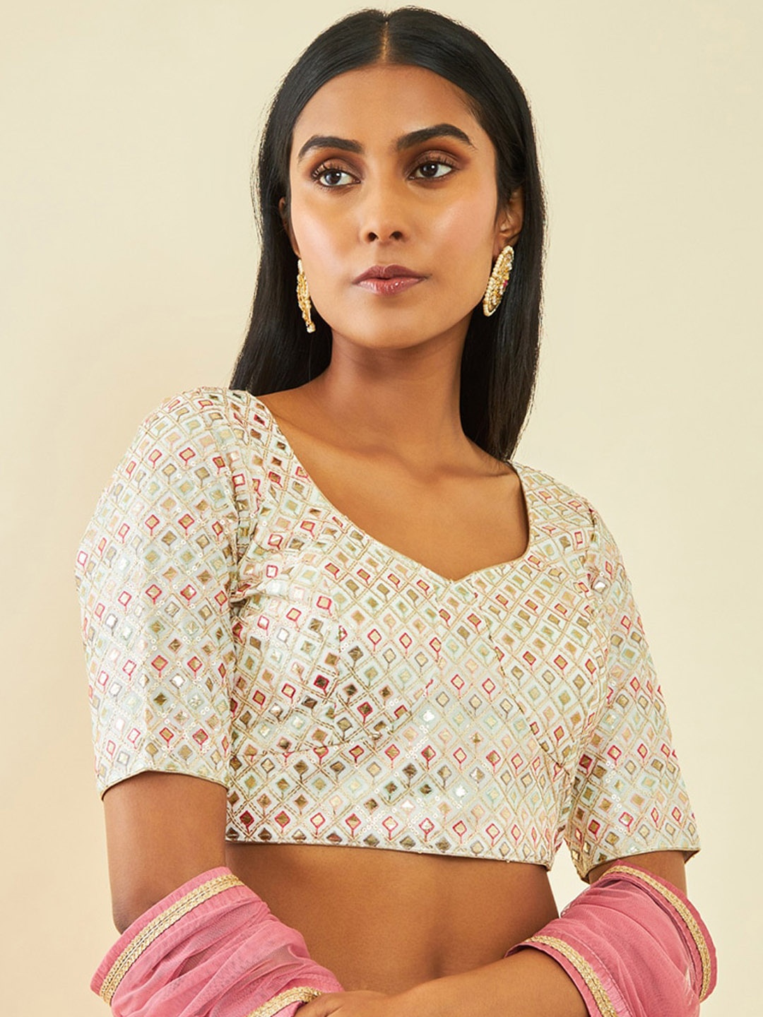 

Soch Embellished Sequinned Saree Blouse, Cream