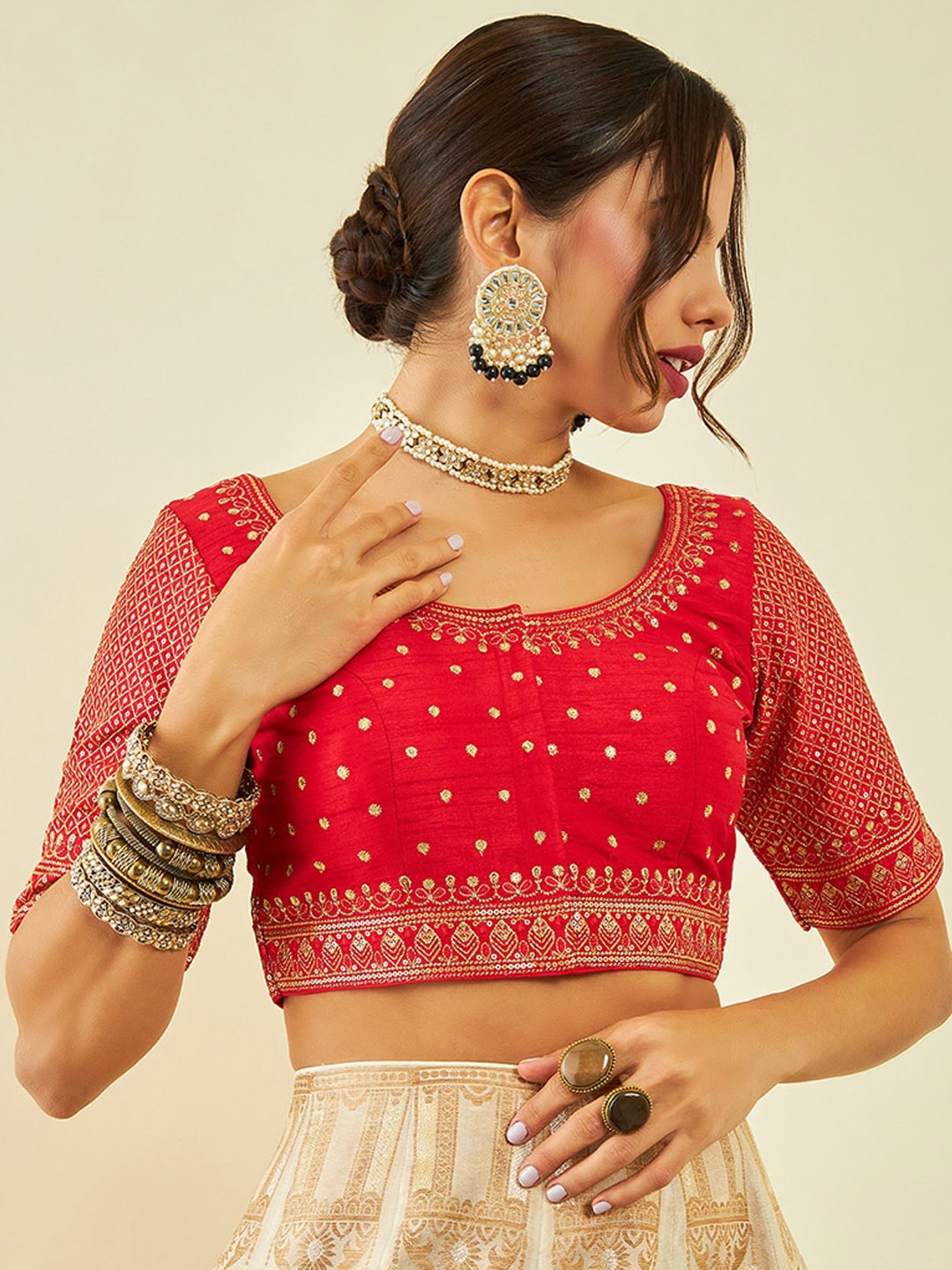 

Soch Embroidered Round Neck Sequinned Silk Saree Blouse, Red