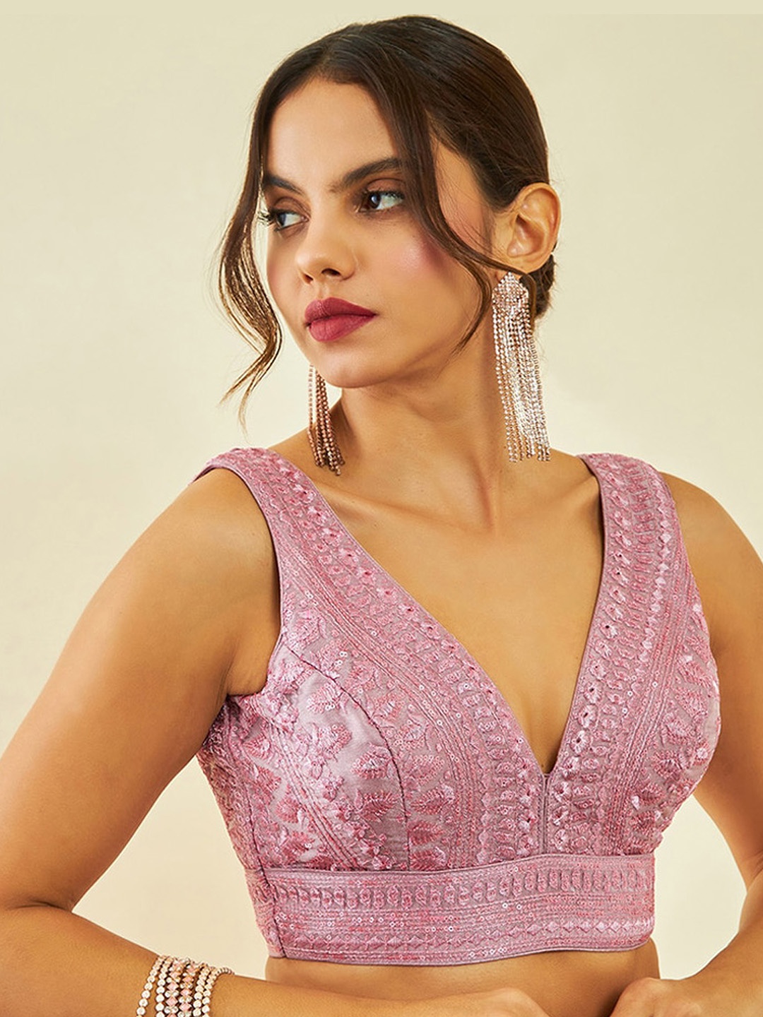 

Soch Embellished V-Neck Sleeveless Saree Blouse, Pink