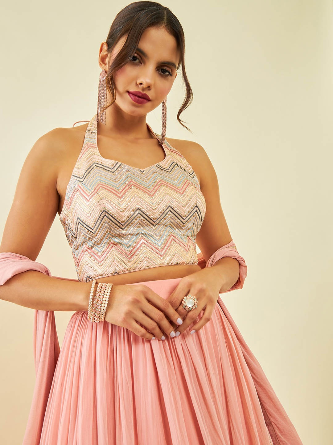 

Soch Embellished Halter Neck Saree Blouse, Peach