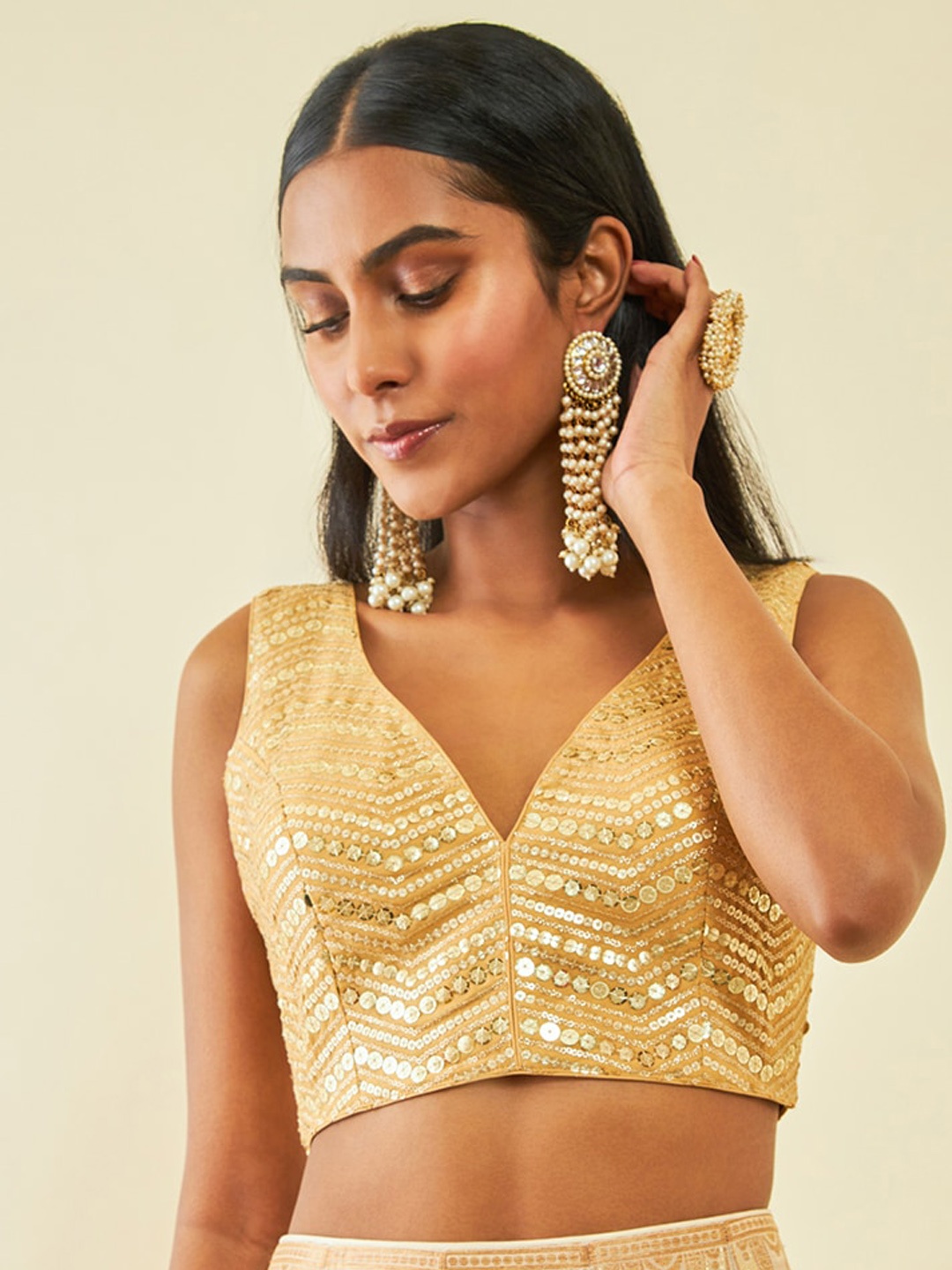 

Soch Embellished Sequinned V-Neck Sleeveless Blouse, Gold