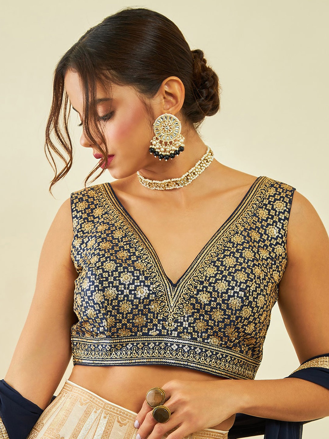 

Soch Embellished Sequinned V-Neck Sleeveless Saree Blouse, Navy blue