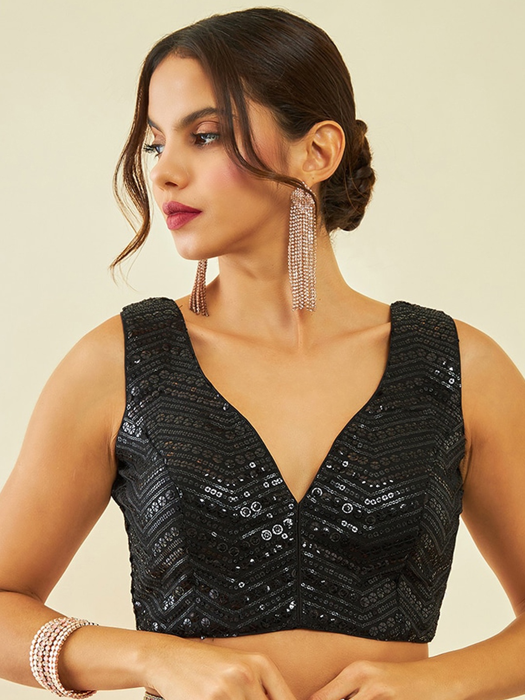 

Soch Georgette Embellished Sleeveless Saree Blouse With Sequins, Black