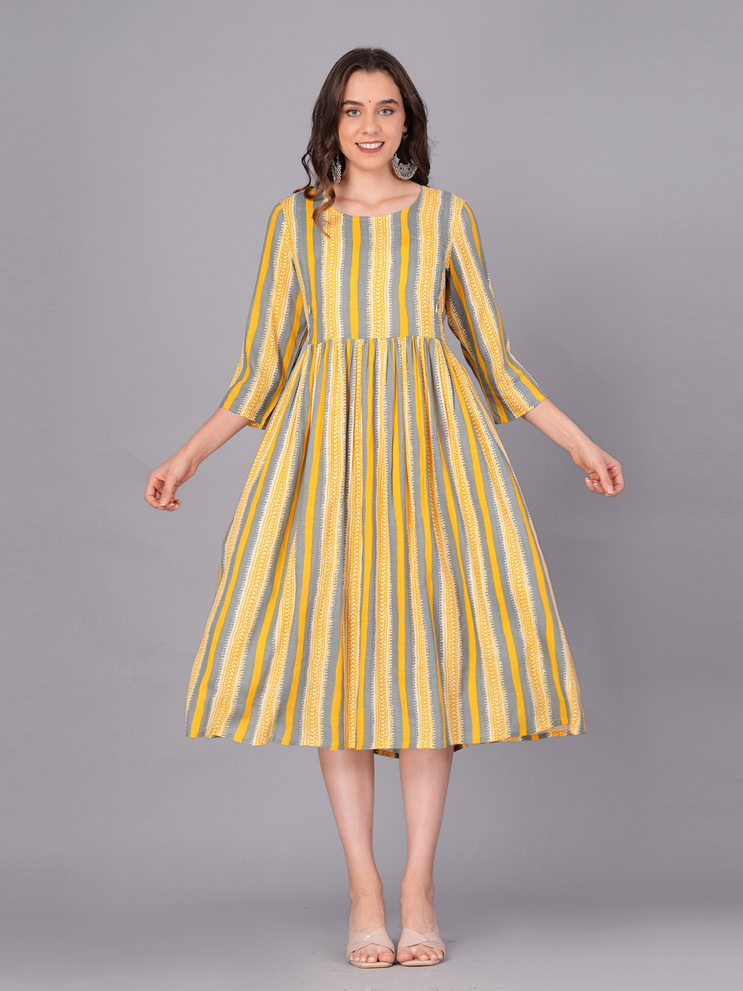 

PREKSHA Striped A-Line Midi Maternity Dress, Yellow