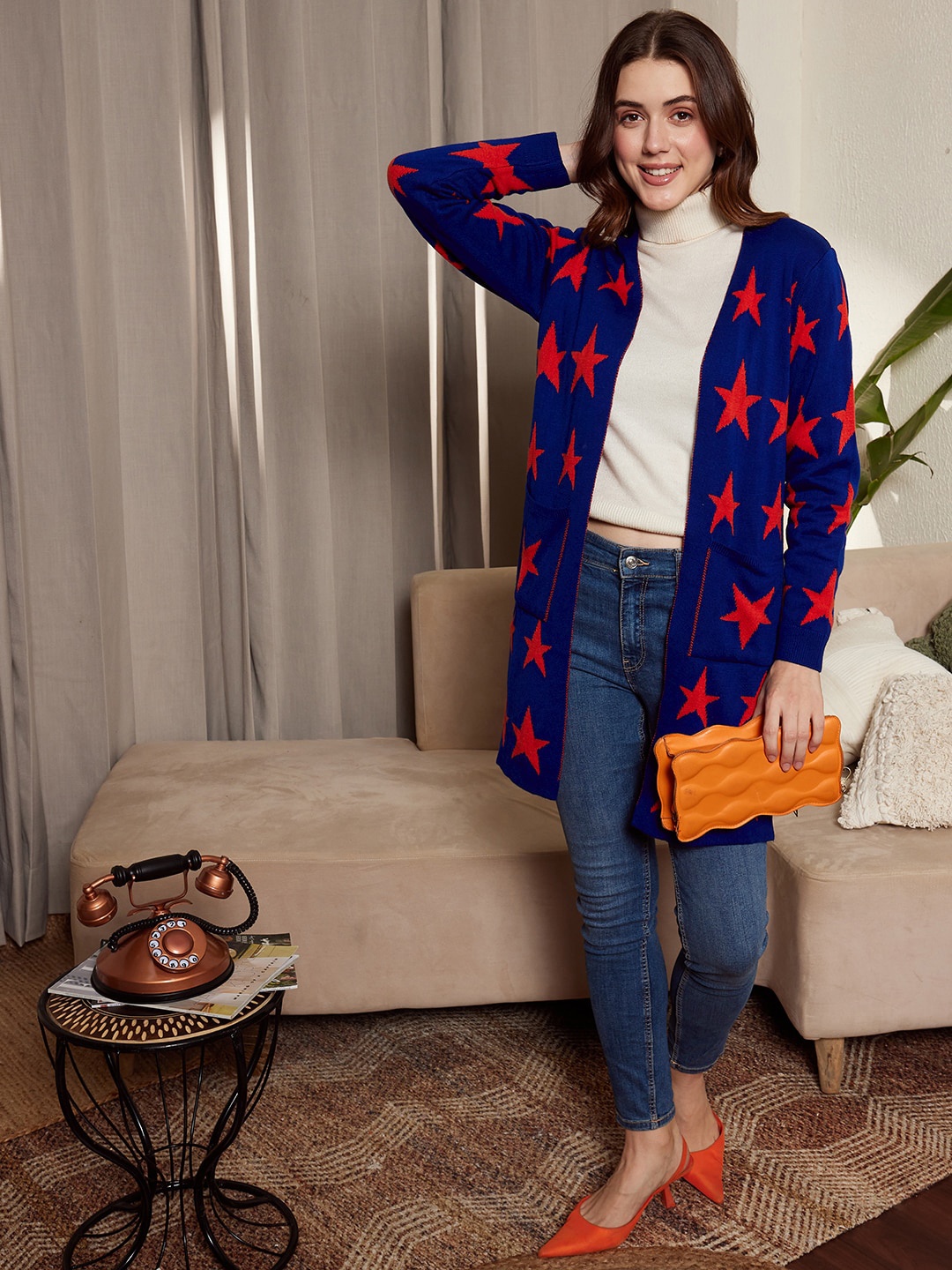 

Berrylush Blue & Red Conversational Printed Longline Front Open Sweater
