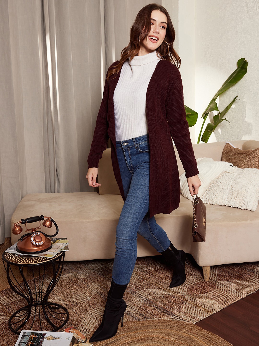 

Berrylush Maroon Ribbed Longline Front Open Sweater