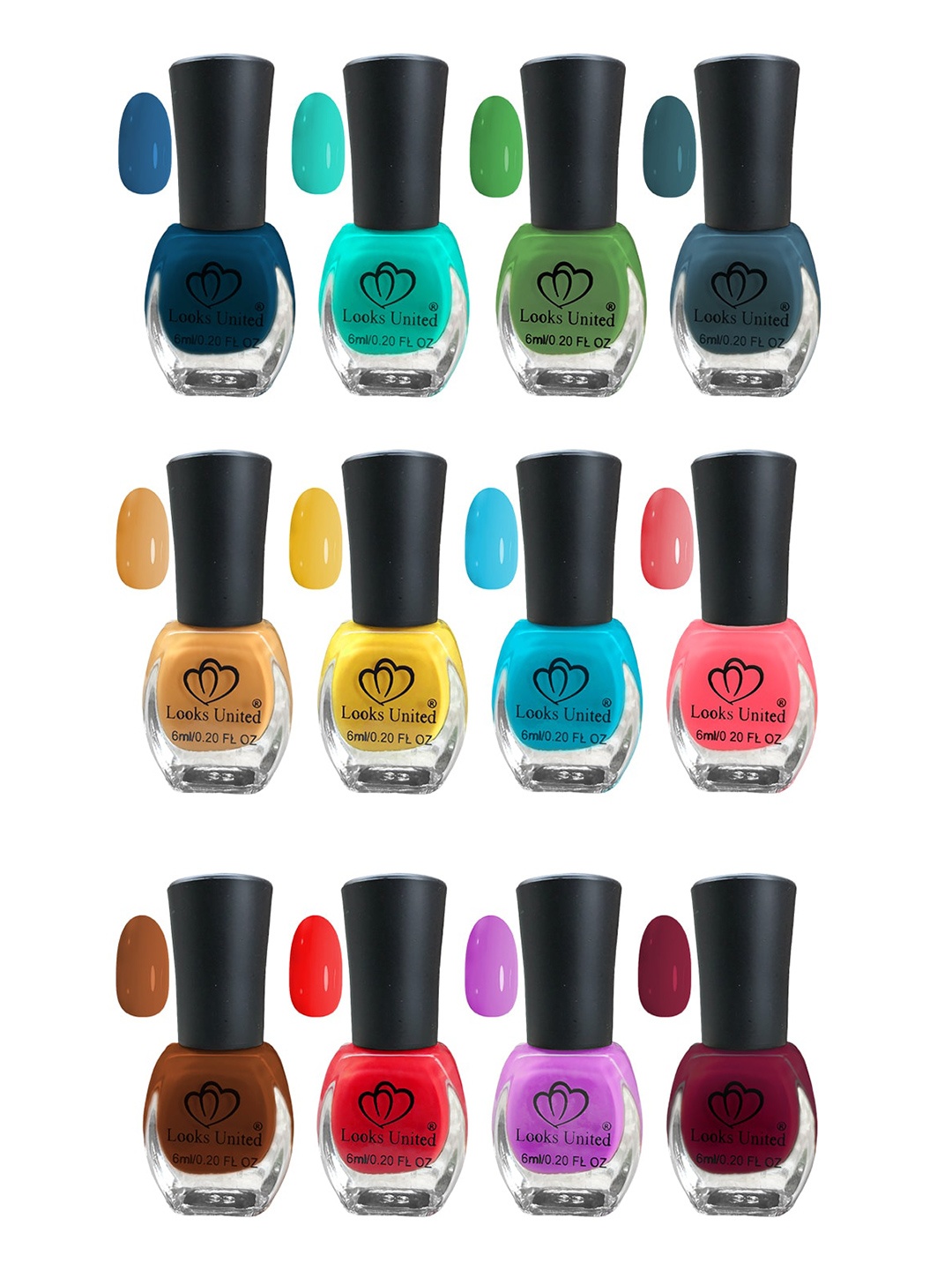 

Looks United Set Of 12 Trendy Glossy Finish Nail Polish - 6ml Each, Multi