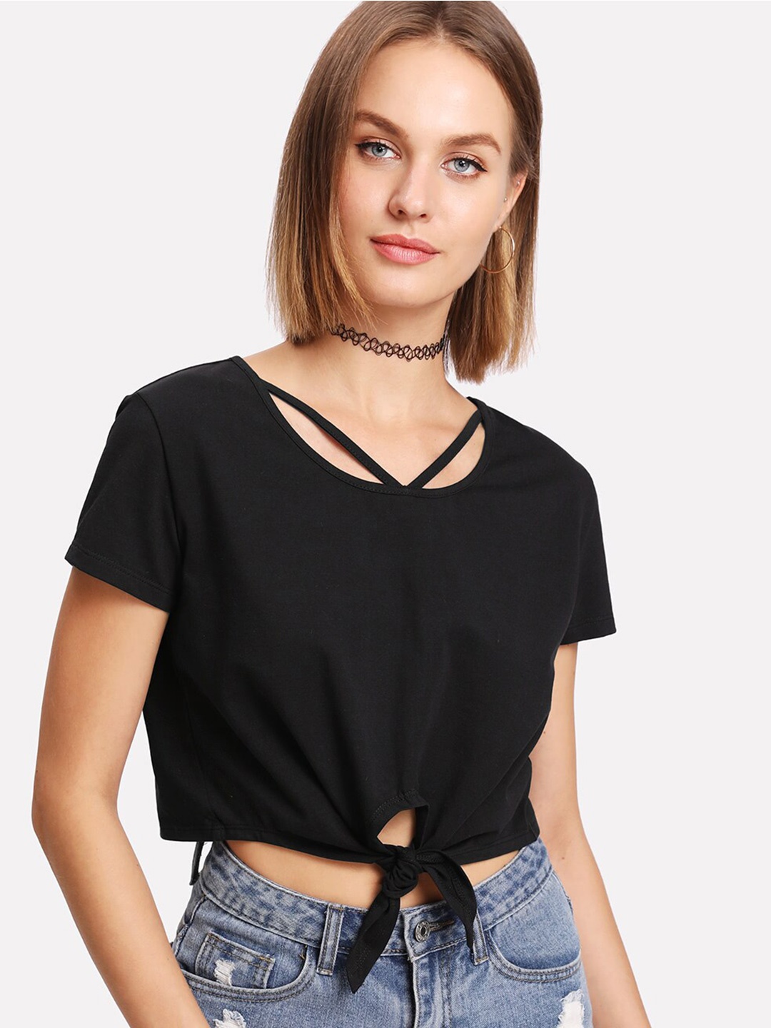 

Dracht Tie Ups Cotton Crop Top, Black