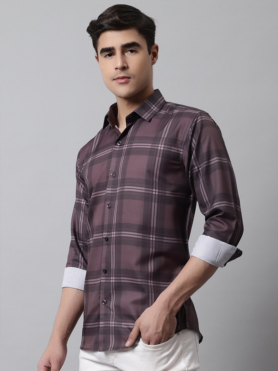 

JAINISH Classic Tartan Checked Pure Cotton Casual Shirt, Brown