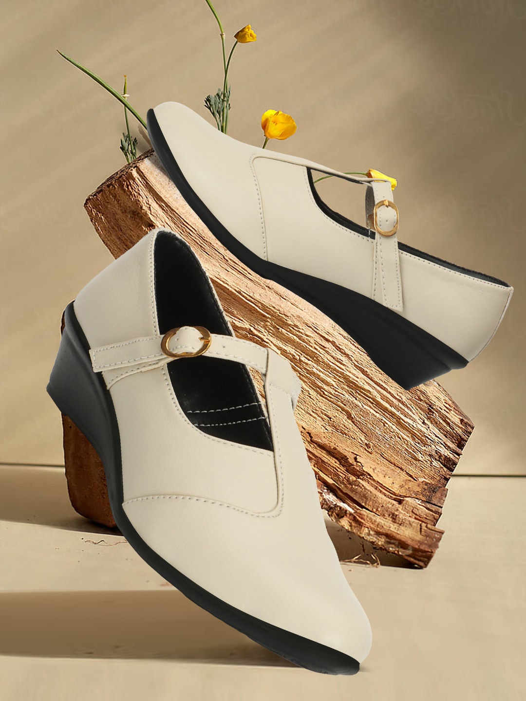 

FASHIMO Round Toe Wedge Mary Janes, Cream