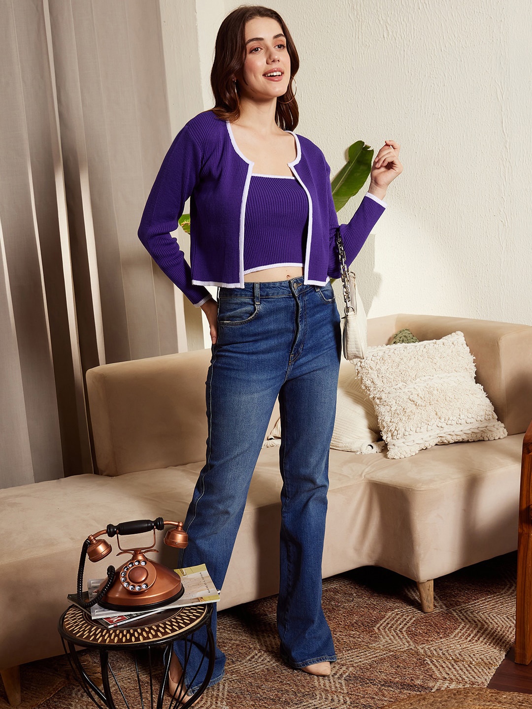 

Berrylush Purple & White Ribbed Acrylic Crop Front Open Sweater