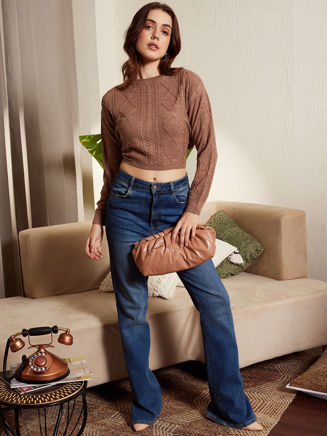 

Berrylush Cable Knit Self Design Acrylic Crop Pullover Sweater, Brown