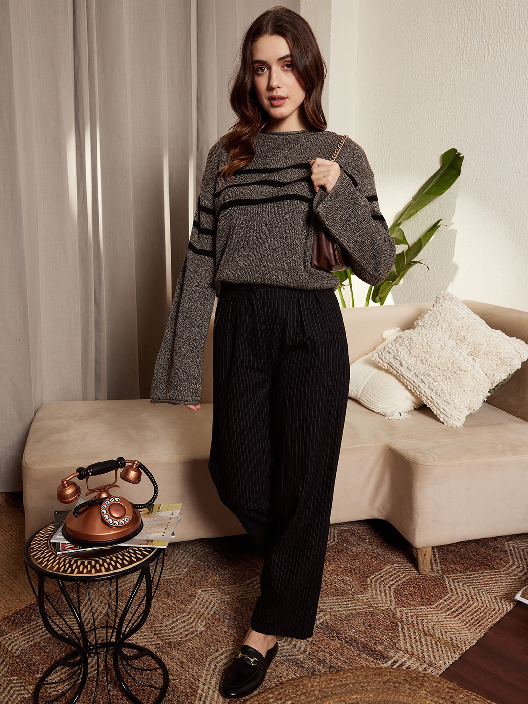 

Berrylush Grey & Black Striped Acrylic Pullover Sweater
